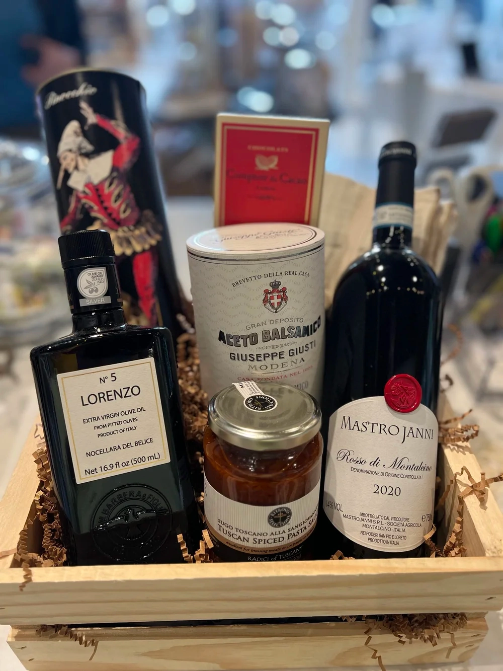 Custom curated gourmet Italian gift basket wrapped in Montecito