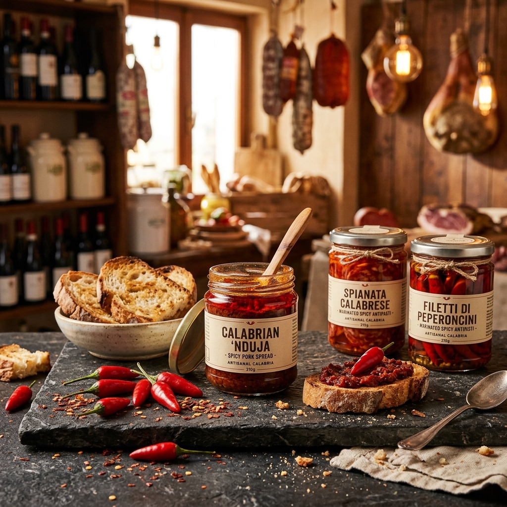 Authentic Calabrian Nduja pork spread and spicy chili peppers