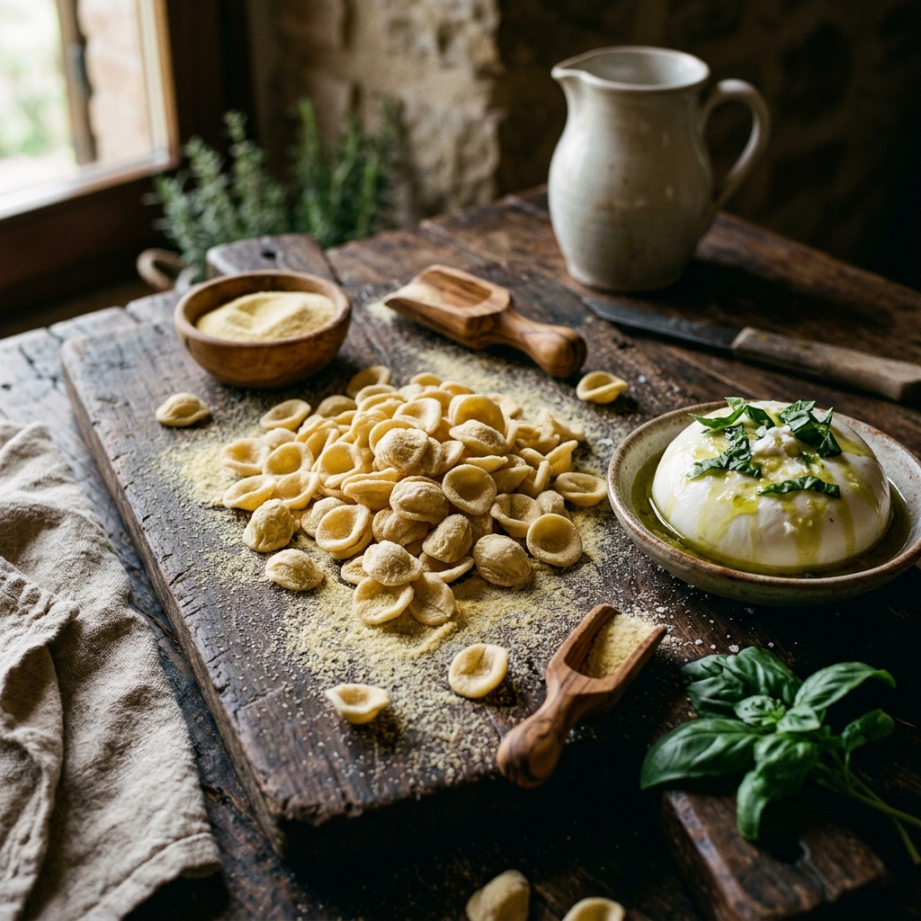 Handmade Puglia Orecchiette pasta and fresh Burrata cheese